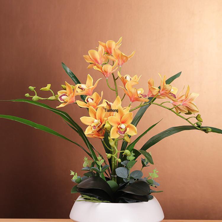 Umelé kvetinové aranžmán s orchideou Cymbidium pre obývaciu izbu, jedálenský stôl alebo na vystavenie na TV skrinke