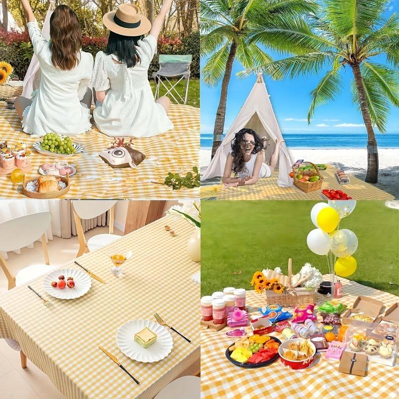 1pc Foldable Absorbent Durable Picnic Blanket - Bright Yellow And White Plaid Lawn And Beach Mat for Camping, Hiking, Outdoor Activities,