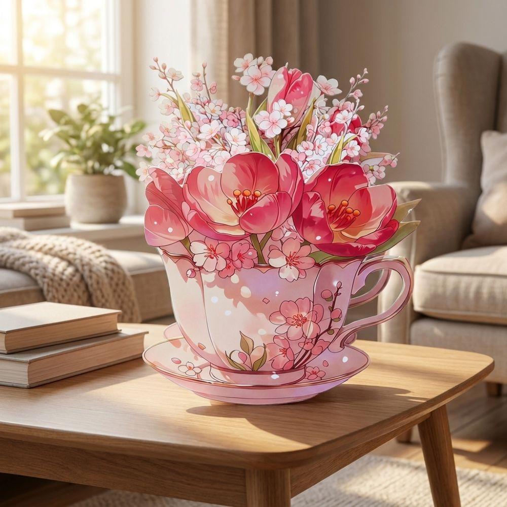 Papierblumen Teetasse Grußkarte Überraschungsgeschenke 3D Pop-Up Blumenstraußkarte Muttertag