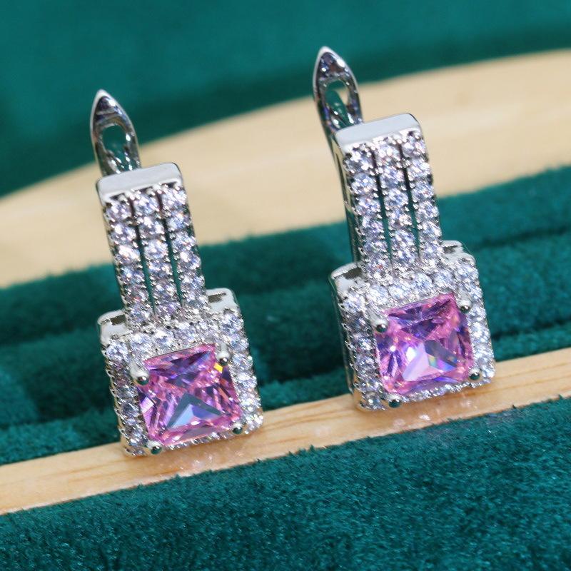 Pink Zircon Bracelet Necklace Earrings Open Ring Lady Jewelry Set