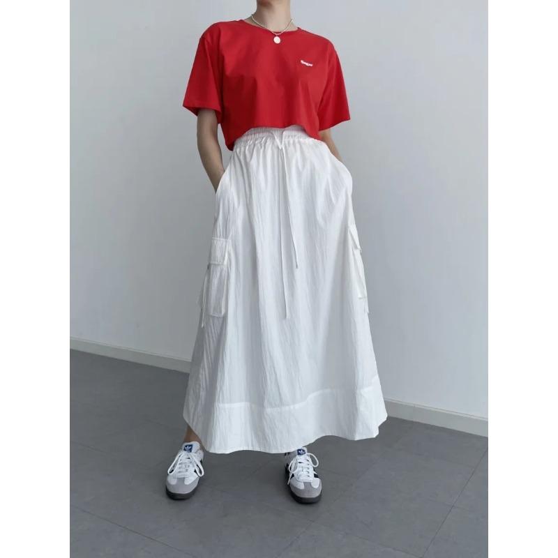 Sør-Korea elegant vårfarget retro allsidig elastisk midje snøring med store lommer design løst avslappet cargoskjørt for kvinner