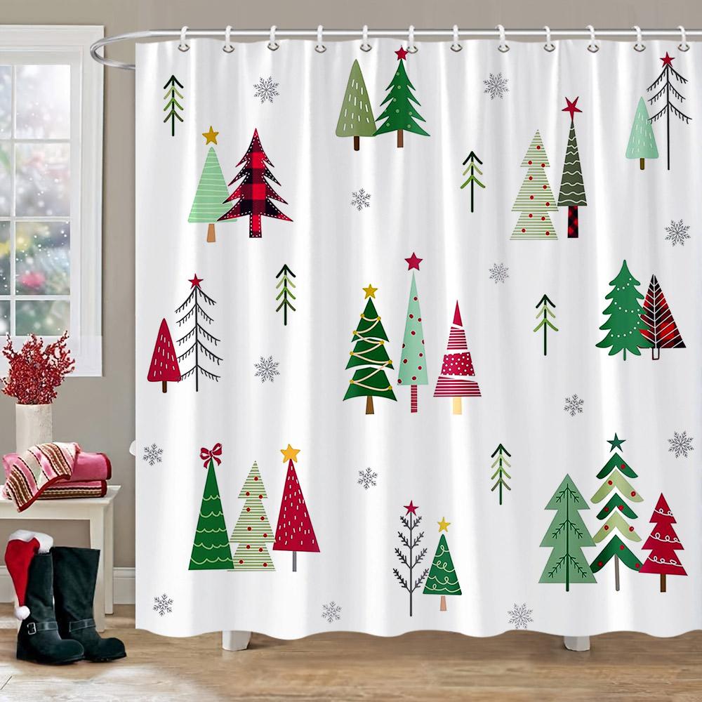 Christmas Snowman Shower Curtain Merry Santa Elf Deer Red Truck Polyester Fabric Printed Bath Curtains Bathroom Decor With Hoo
