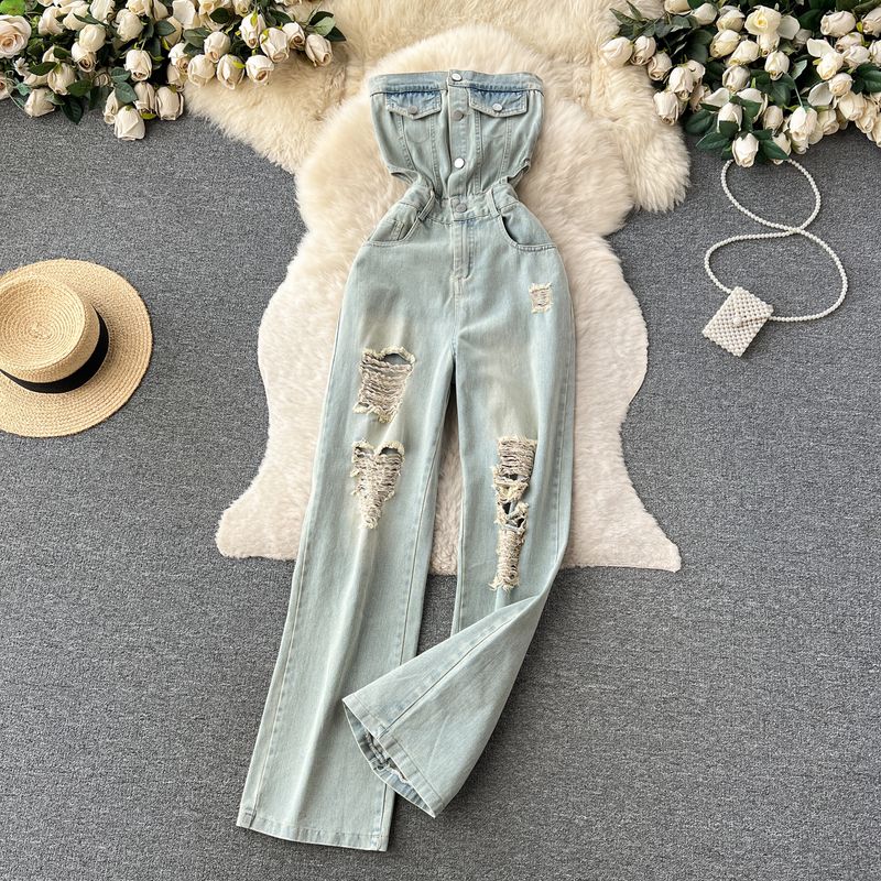 

Cool Style Pure Want to Break Holes Waist-Baring Slim-Fit Denim Light Blue L