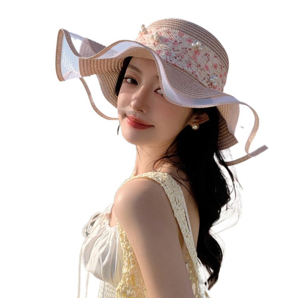 Bowknot Wide Brim Sun Hat Breathable Fisherman Sunshade Cap Fashion Lace Streamers Straw Hat  Girls