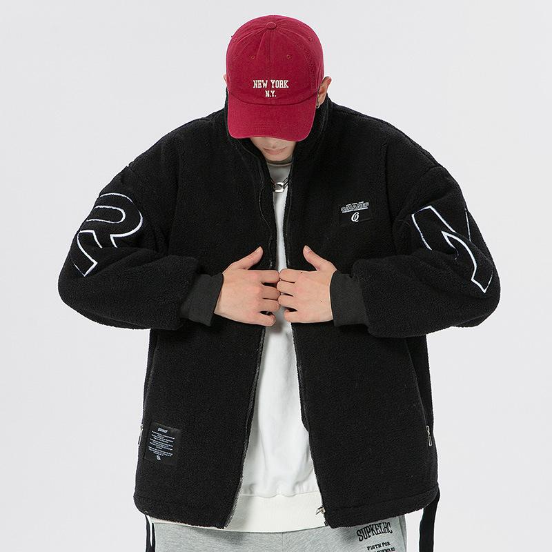 Lamb wool jacket men's new fashion embroidered granular fleece couple autumn and winter sweater loose thickened warm cotton-padded coat