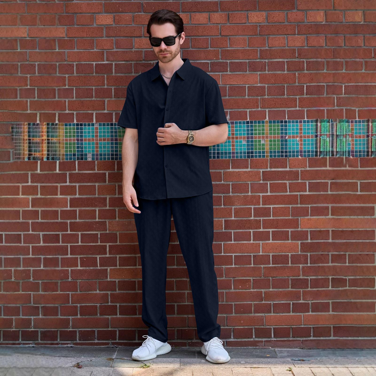 

Летний мужской кардиган с коротким рукавом, брюки, однотонный, уличный, повседневный комплект рубашки M