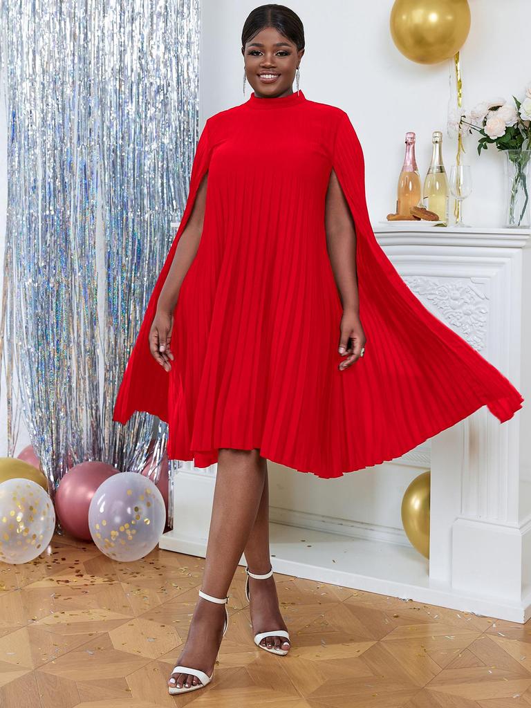 AOMEI Party Dresses for Women Stand Collar Pleated Cape Sleeve Loose Midi Dresses Elegant Lady Evening Wedding Birthday Events Red Outfit