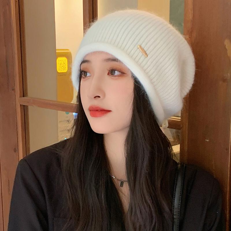 Autumn and winter wool hat women's big head circumference shows small face, ear protection keeps warm, imitation rabbit hair knitted drawstring