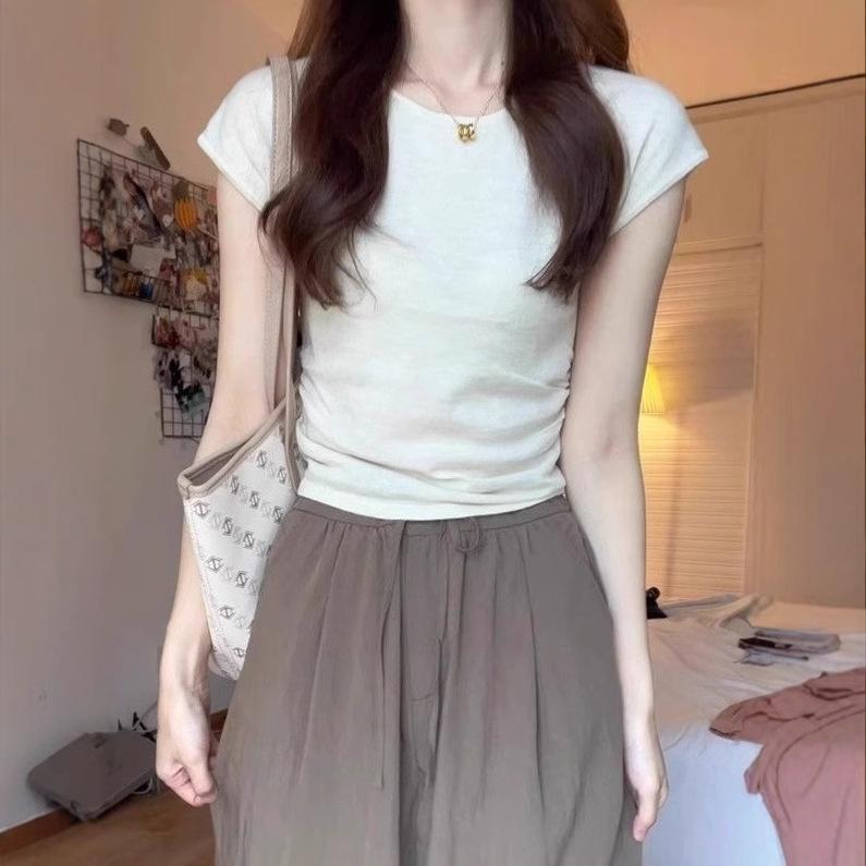 

2025 Korean Style Women s Slimming Cap Sleeve Knitted T-shirt - Slim Fit Summer Top One Size (Suggested for up to 125 pounds) абрикосовый