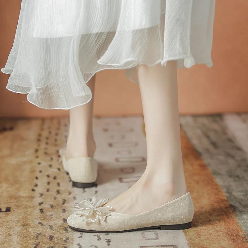 Fashion Square Toe Wedding Bride Shoe Rhinestone With Bow Woman Flats 2025 Trend Low Price Y2k Quick Delivery 39 Slip-on Shoes for Women
