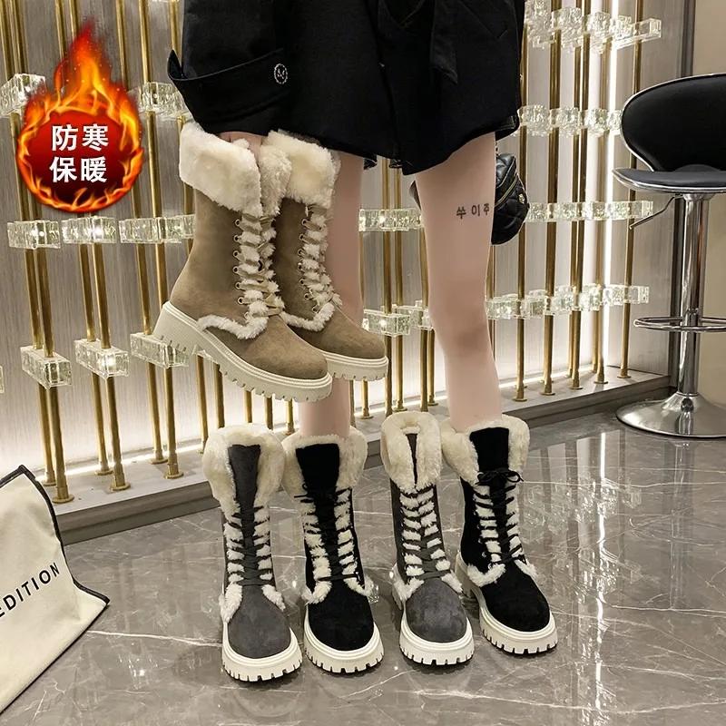 Women's Shoes on Sale Fashion Sleeve Women's Boots Winter Round Toe Plush Fleece for Warmth Middle Barrel Low Heels Snow Boots
