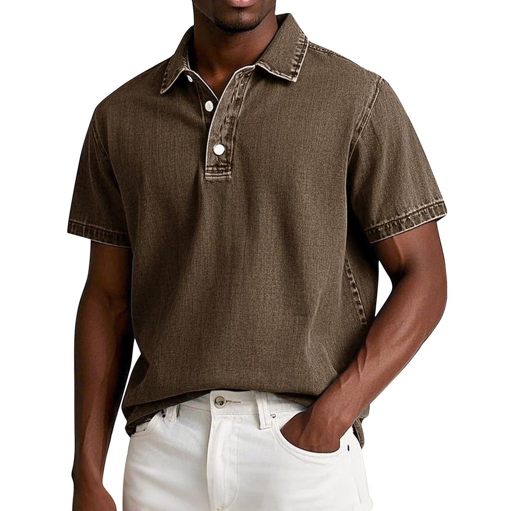 Men's Summer Solid Color Vintage Button Lapel Short Sleeve Shirt Tops