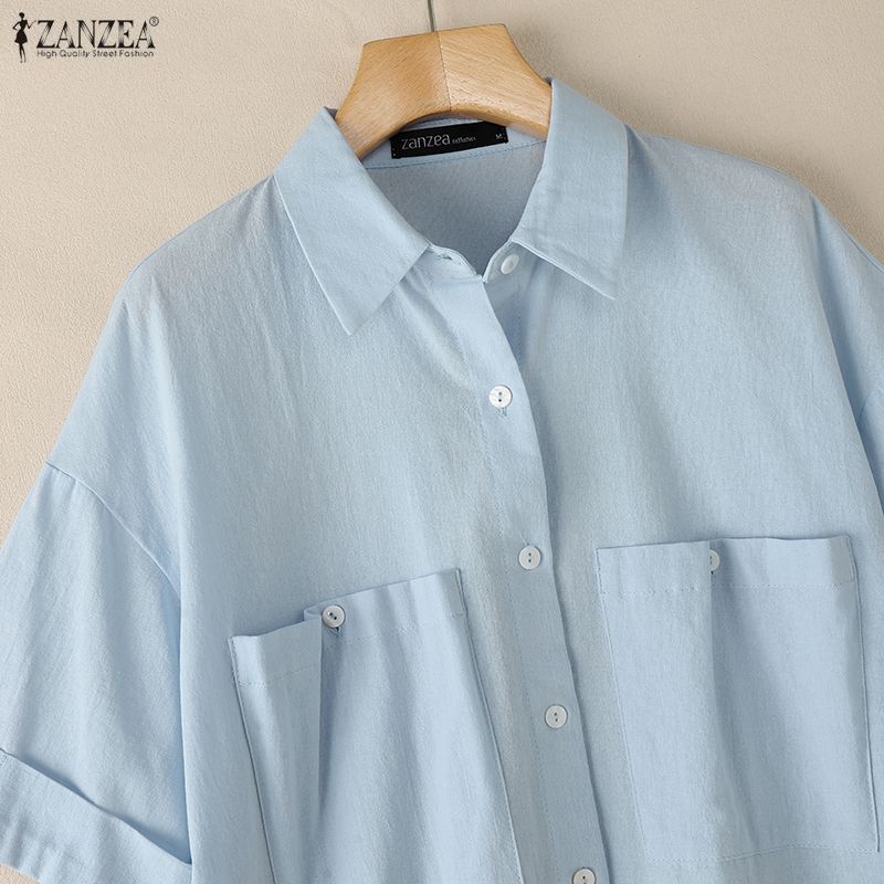 ZANZEA Women Casual Turn Down Collar Summer Half Sleeve Blouse