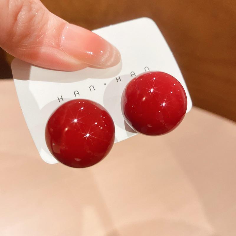 Silver Needle Red Round Pearl Earrings Light Luxury High-end Stud Earrings Fashion Simple Elegant Temperament Versatile Earrings Women