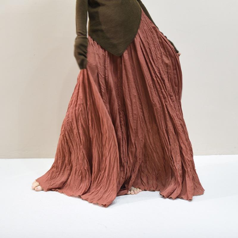 Women's Linen Maxi Skirts Summer Boho Solid Beach Elastic High Waist Pleated A-Line Flowy Swing Long Maxi Skirts Elastic Waist Long Skirt for Women