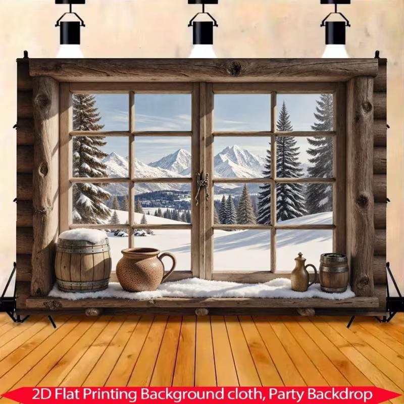 2D Alpine Cabin Backdrop, Cozy Window with Snowy Landscape Photography Background for All Occasions