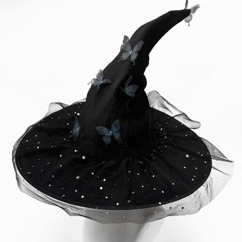 Elegant Curved Brimmed Witch Hat With 3D Butterfly Decoration Halloween Cosplay Accessory Multiple Colors