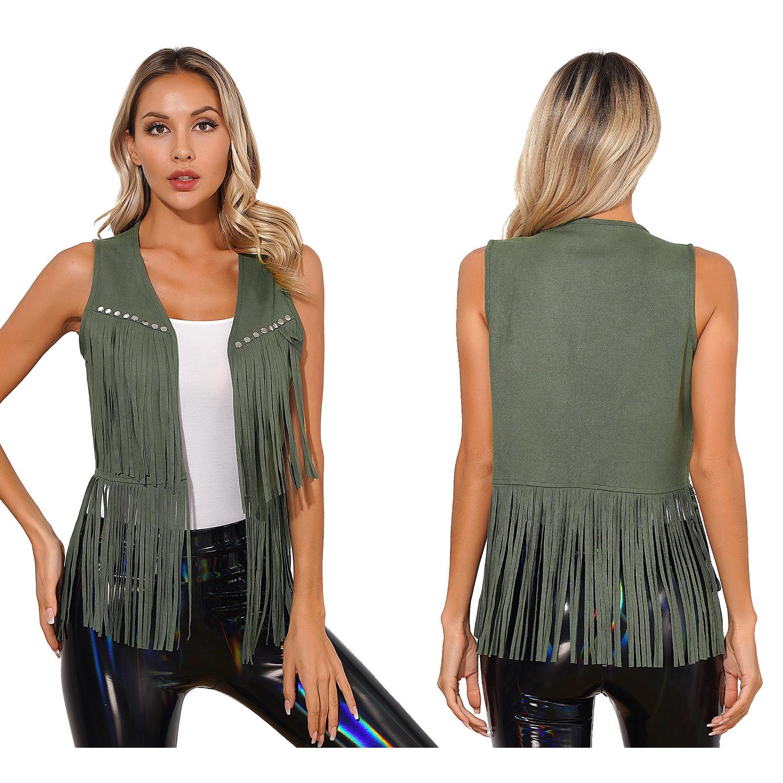 

Жіночий костюм пастушки без рукавів Жилетка з бахромою Жилетка з пензликами Косплей Одяг M армія зелений колір