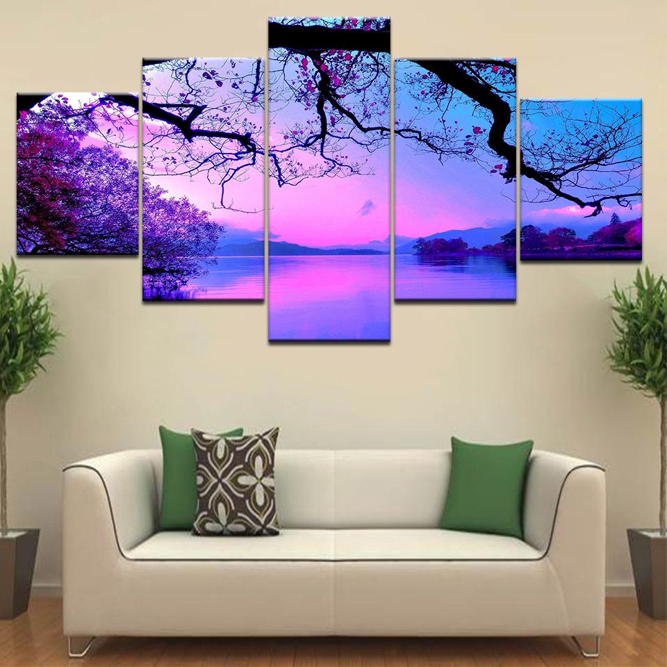 Cherry Trees Lucky Trees Mountain Lake Landscape 5 Panel HD Print Wall Posters Canvas Art Painting Room Decoration