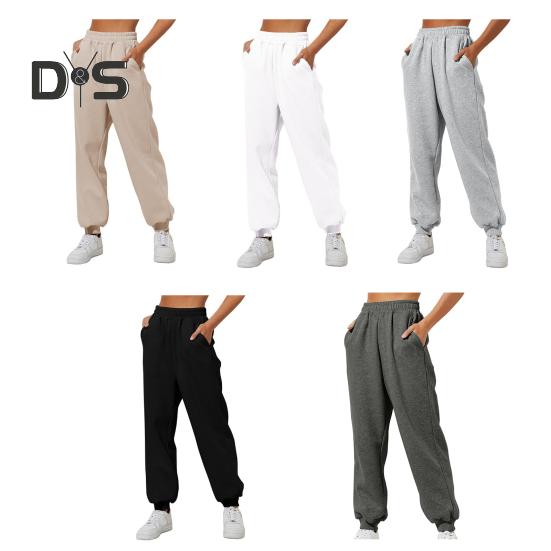 Women Pants High Elastic Waist Ankle Banded Solid Color Casual Soft Warm Pockets Loose Spring Fall Sweatpants Jogging Trousers