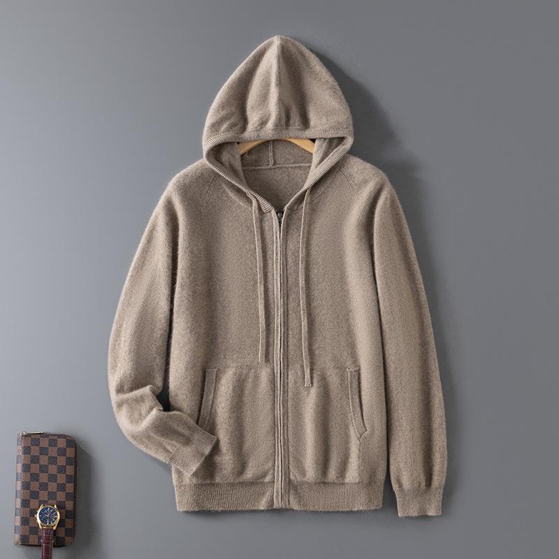 Men's Hooded Wool Cardigan - Solid Color, Zipper, Drawstring, Loose Fit Knitted Sweater Jacket