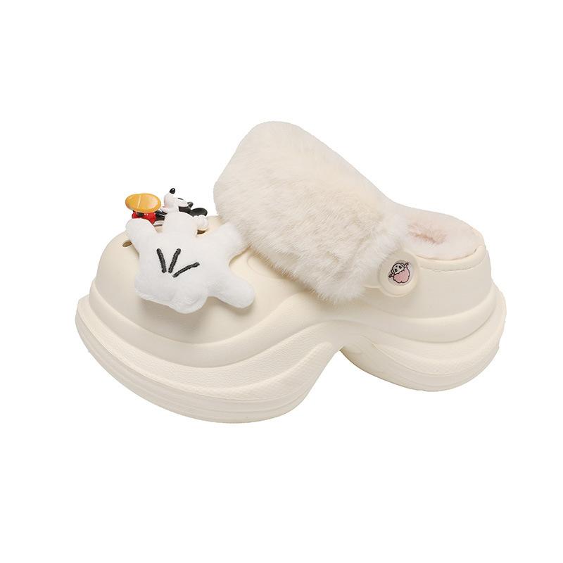 Cute Cartoon Sherry Rose Velvet Hole Shoes for Women To Wear 2025 Autumn and Winter New Muffin Thick-soled Cotton Slippers