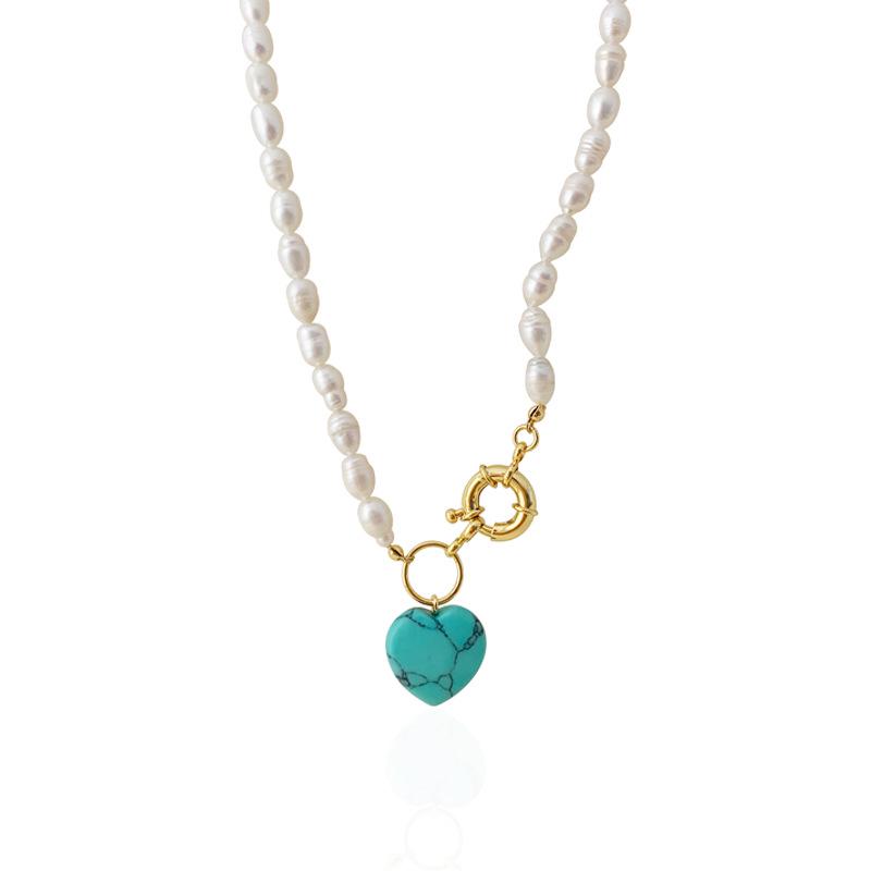 Blue Pine Heart Pendant Necklace with Natural Freshwater Pearls - Niche Design Sweater and Clavicle Chain