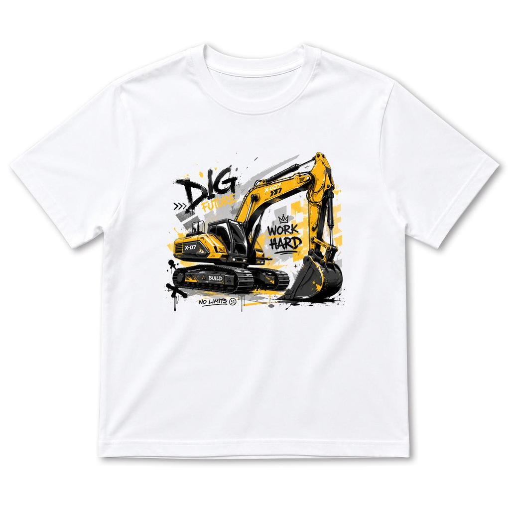 Summer Boys' Cartoon Excavator Cotton T-Shirt, Short Sleeve, Breathable Casual Layer