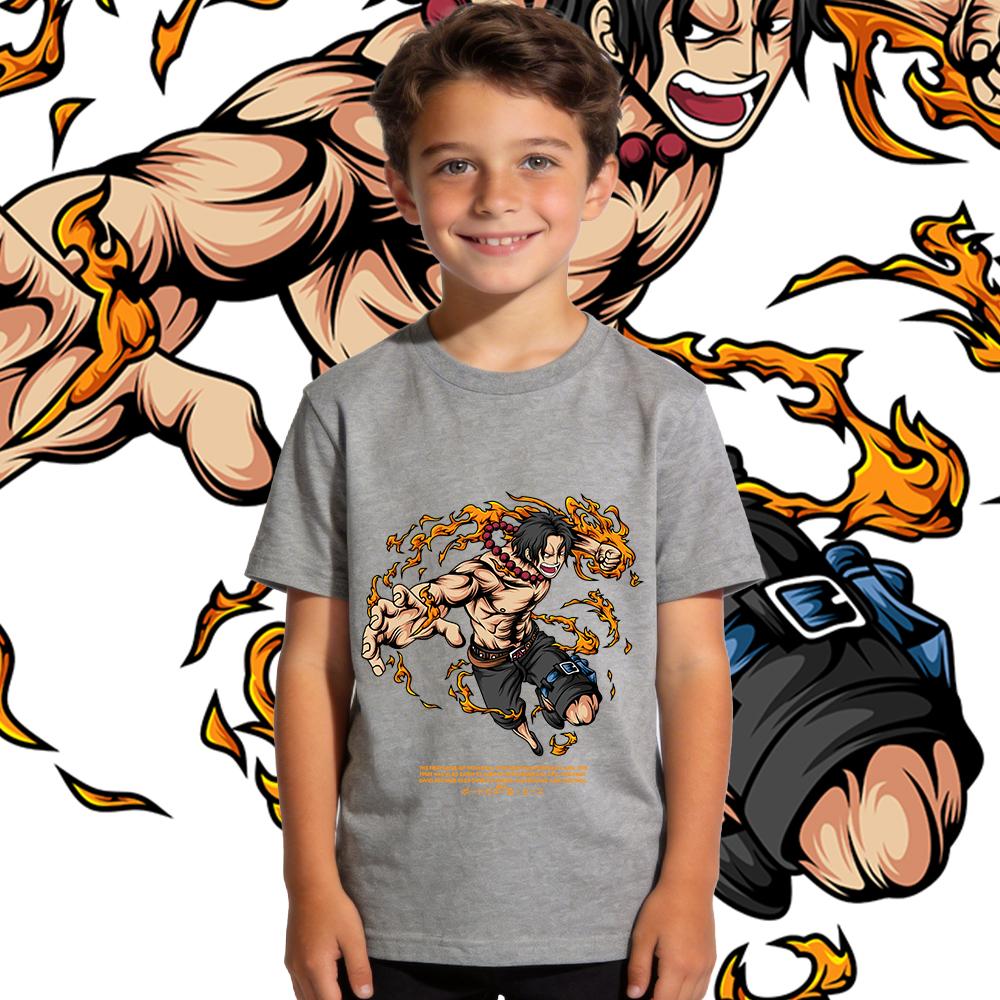 Boys Girls Cotton T Shirt One Piece Ace Anime Print Casual Short Sleeve Kids Summer Top