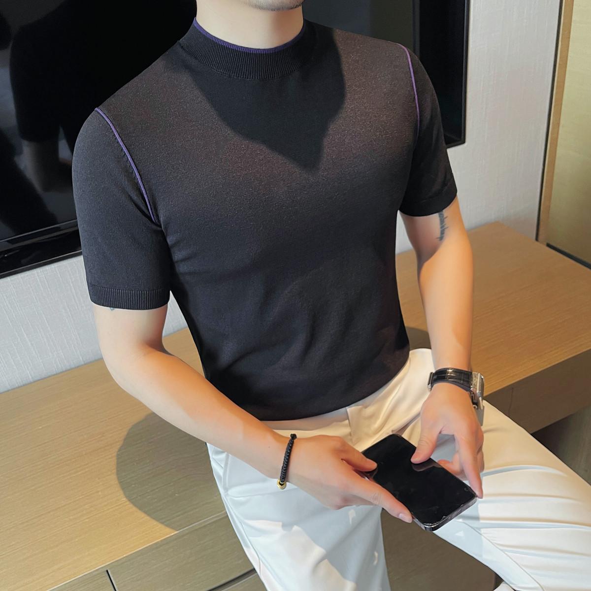 Летние мужские трикотажные футболки корейские элегантные с круглым вырезом и коротким рукавом мужские футболки облегающие повседневные пуловеры футболки Homme Plus Size L чёрный