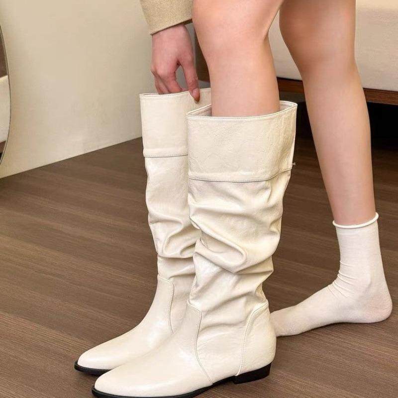 Fashion New Style Shoes for Women Spring Knee High Boots Black White Tall Boots Woman Pleated Low Heels Casual Leather Female Long Shoes