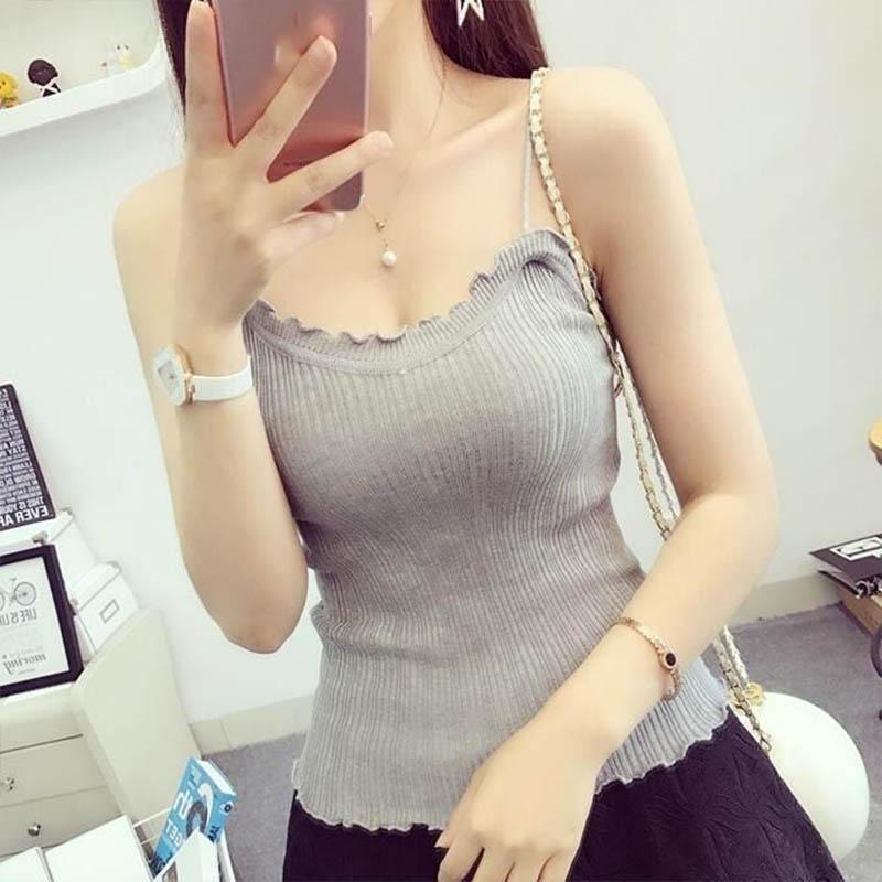 

Сексуальная майка с тонким бретелем, с рюшами на шее, женская облегающая короткая наружная вязаная майка без рукавов, однотонная, универсальная XL серый