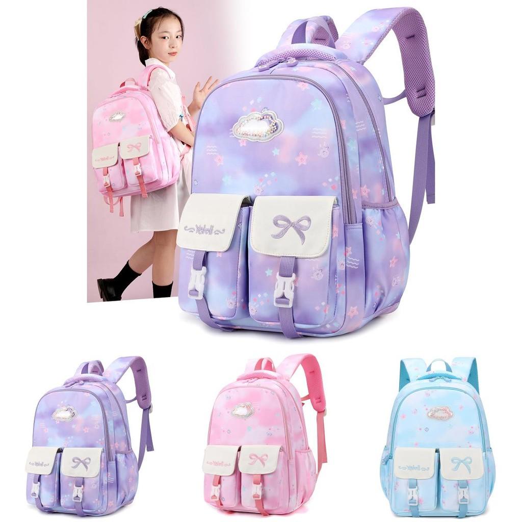 Stylish And Trendy Waterproof School Backpack For Girls With Cartoon Prints In Purple Pink And Blue