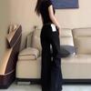 Women's Plus Size Black Wash Micro Flare Wide-Leg Jeans - Low Waist, Loose Draping, Floor-Length for Spring/Summer