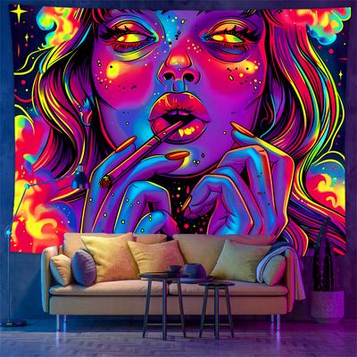 Cyberpunk Psychedelic Wall Tapestry Smoking Woman UV Reactive Print Wall Hanging for Bedroom Living Room Decor