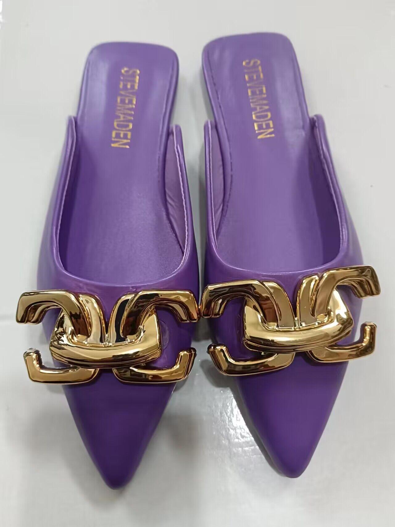 

модные мюли женские туфли большого размера 42 летние модные туфли на плоской подошве с металлической цепочкой с острым носком женские тапочки женская повседневная обувь уличные шлепанцы 42 фиолетовый