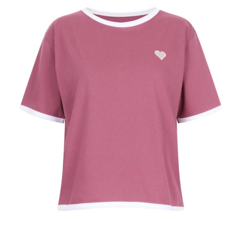 Shop   Women Color Block Round Neck HearT Embroidery Washing ShorT Sleeve T Shir