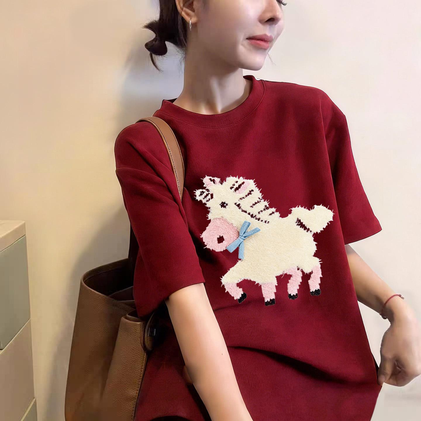 2026 Korean Retro Short Sleeve Women s T-Shirt with Small Horse Print - Trendy Round Neck Half Sleeve Top L красный
