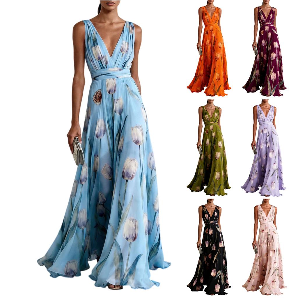 Women Sleeveless V Neck Waist Zip Floral Print Evening Gown Dress with Flowing A Line for Formal Occasions