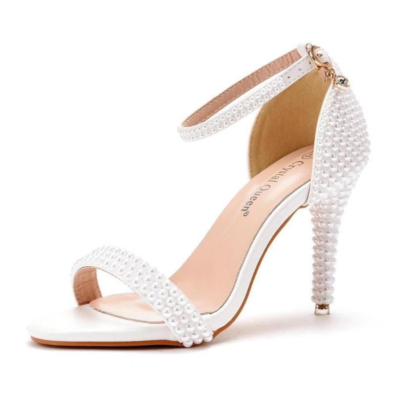 High Heel Sandals White One-liner Buckle Shoes Thin Heel Fish Mouth Roman Sandals White Pearl Sandals