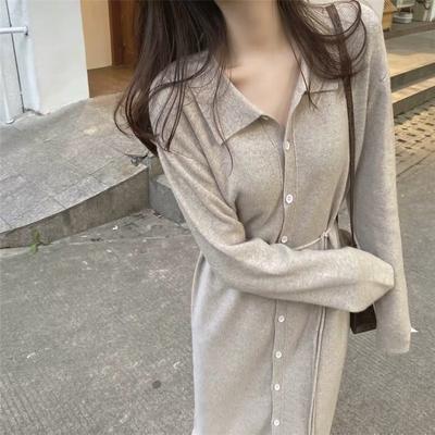 Autumn Winter Women's Clothing Gentle Style with Knee Length Sweater Loose Base Knit Dress for Women