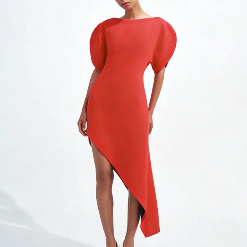 Spring women s clothing, European and American dresses, slim-fitting elegant solid-color French irregular long dresses S красный