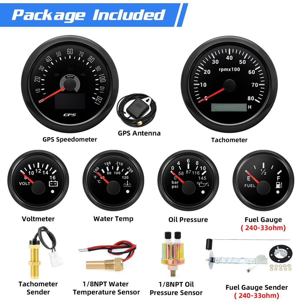 Black 85mm GPS Speedometer 80MPH Waterproof 6 Gauge Kit Fit Car Boat Marine Gasolines Vehicle Tachometer Water Temp Fuel Gauges
