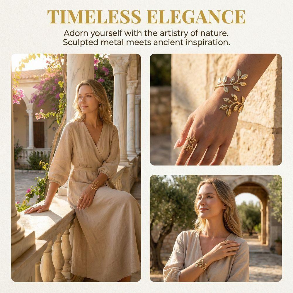 Open Armband Ring Set Gold Jewelry Set Fashion Leaf Upper Arm Cuff  Unisex