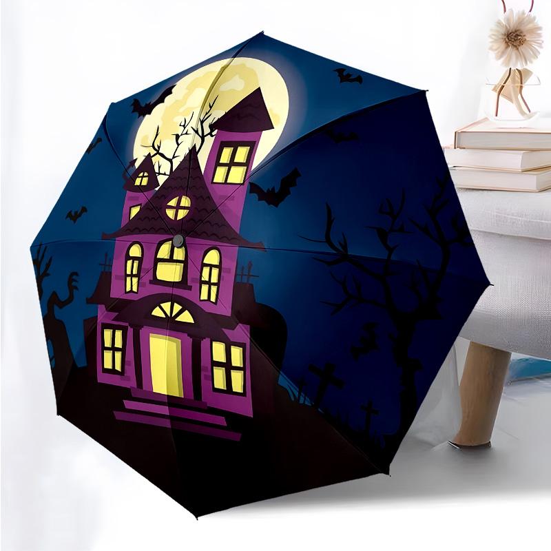 Halloween Castle  Themed Folding Umbrella Fashion Auto-Open 8 Iron Ribs Plastic Handle Foldable Sunshade Perfect Christmas Gifts