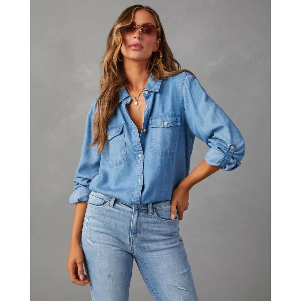 Women's Long Sleeve Denim Shirt 2025 Autumn Casual Lapel Single Breasted for JOOM Europe America