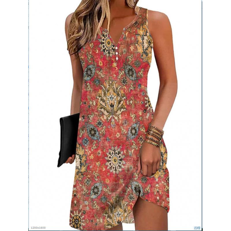 Summer New Printed Suspender Women's Fashion and Comfortable V-Neck Sleeveless Dress