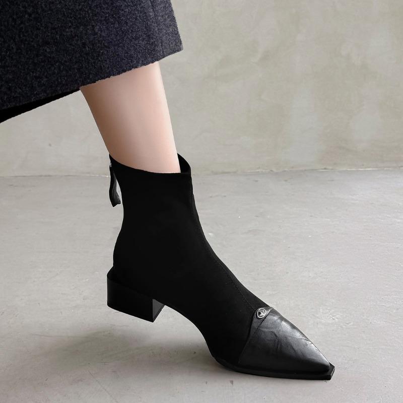 Temperament pointed short boots women's new leather boots thick heel medium heel elastic short women's boots thin boots