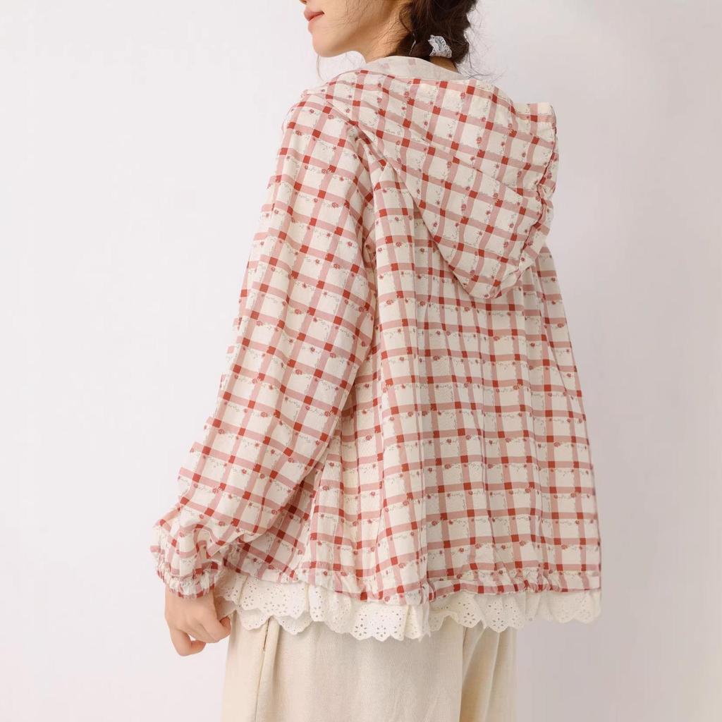 Cherry Blossom Plaid Hooded Shirt - Spring/Summer 2026 Collection