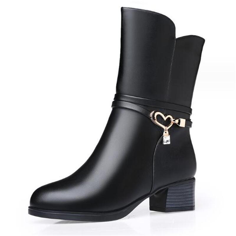 Women Leather Boots Genuine Leather Plush Boots Winter Warm Thick Heel Brand High-heeled Fashion Mid-Calf Snow Boots Women Shoe
